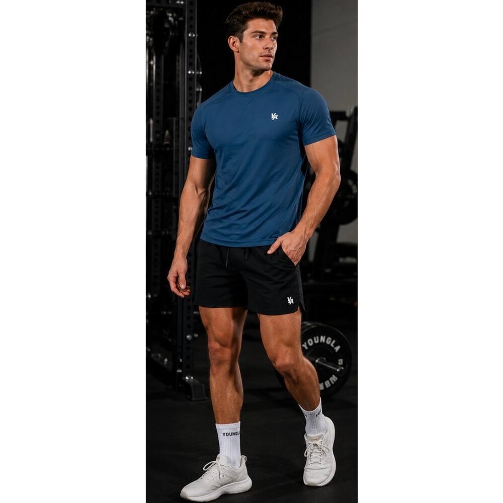 YoungLA 4423 Performance Tee Blue Short Sleeve Gym Shirt Men’s Medium Athletic